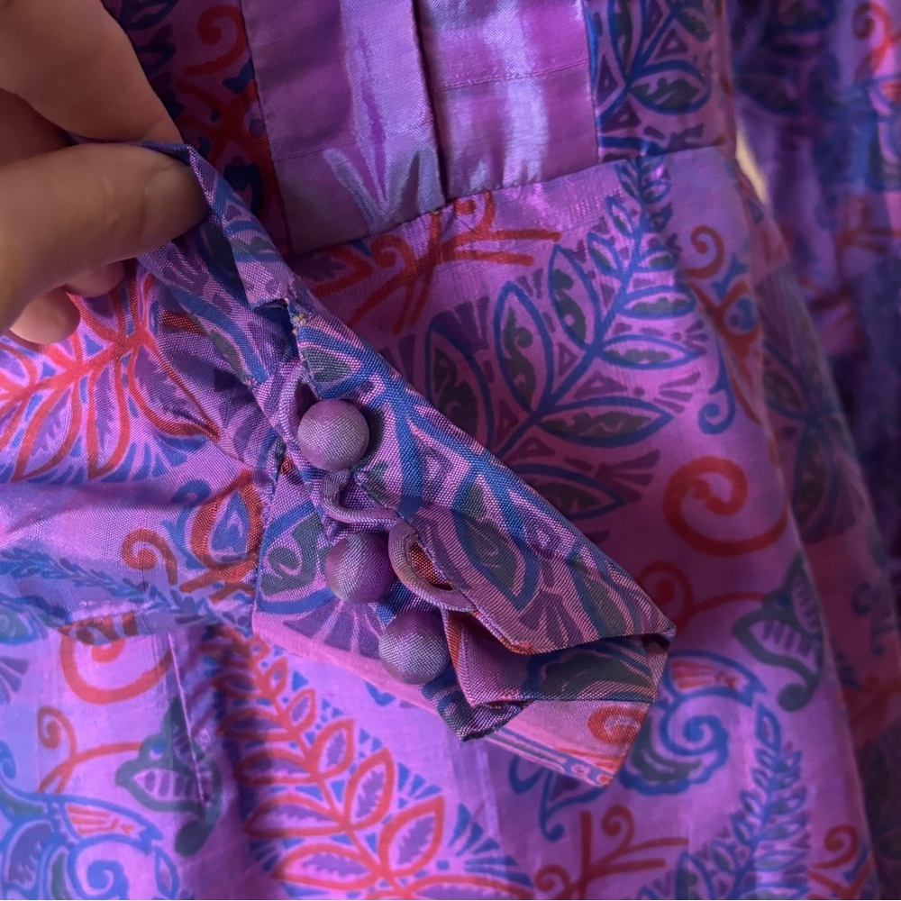 Vintage Jarin Thai Silk President Hotel Midi Dress Purple Blue Print Sz Small 8 - Picture 6 of 8